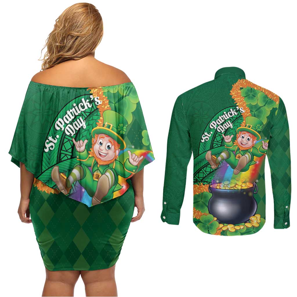St Patrick's Day Hawaii Couples Matching Off Shoulder Short Dress and Long Sleeve Button Shirt Hauoli Maoli Funny Shaka Leprechaun