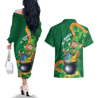St Patrick's Day Hawaii Couples Matching Off The Shoulder Long Sleeve Dress and Hawaiian Shirt Hauoli Maoli Funny Shaka Leprechaun