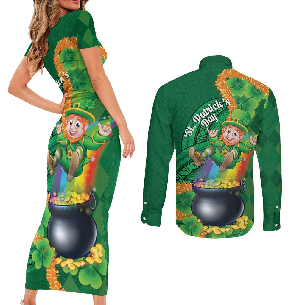 St Patrick's Day Hawaii Couples Matching Short Sleeve Bodycon Dress and Long Sleeve Button Shirt Hauoli Maoli Funny Shaka Leprechaun
