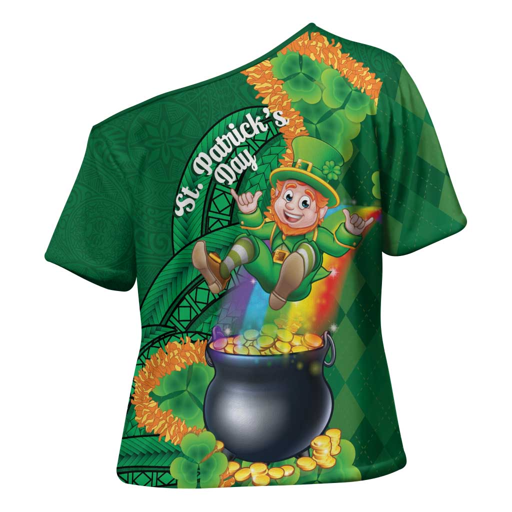 St Patrick's Day Hawaii Cross Shoulder Shirt Hauoli Maoli Funny Shaka Leprechaun LT14 - Polynesian Pride