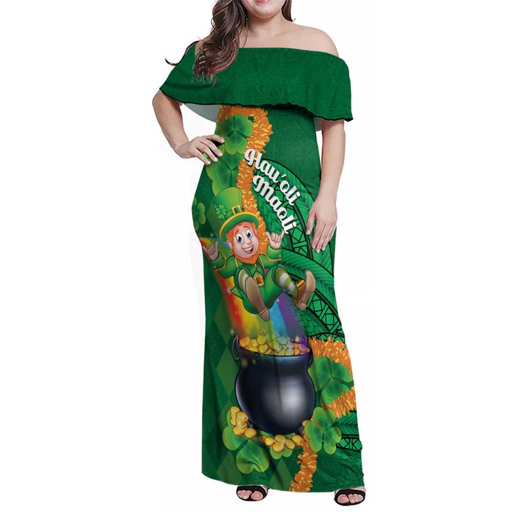 St Patrick's Day Hawaii Family Matching Off Shoulder Maxi Dress and Hawaiian Shirt Hauoli Maoli Funny Shaka Leprechaun