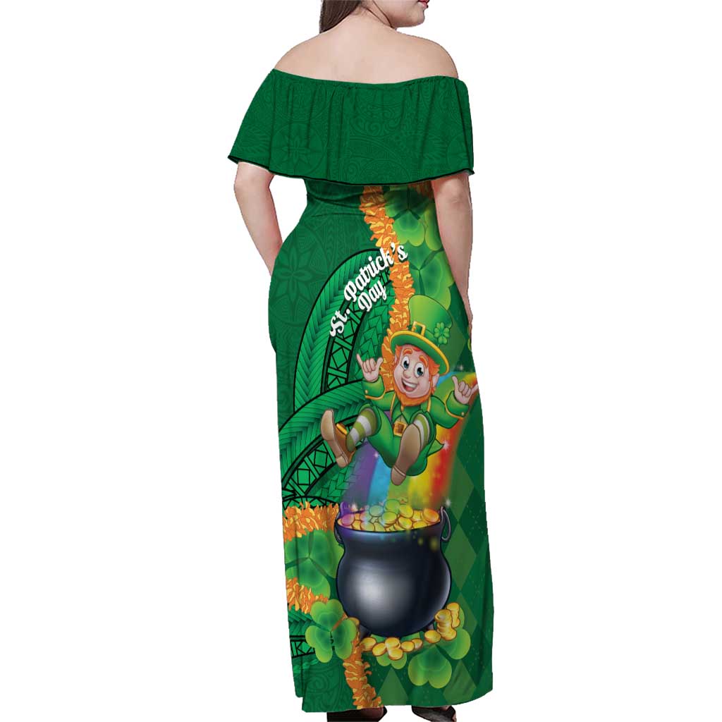 St Patrick's Day Hawaii Family Matching Off Shoulder Maxi Dress and Hawaiian Shirt Hauoli Maoli Funny Shaka Leprechaun
