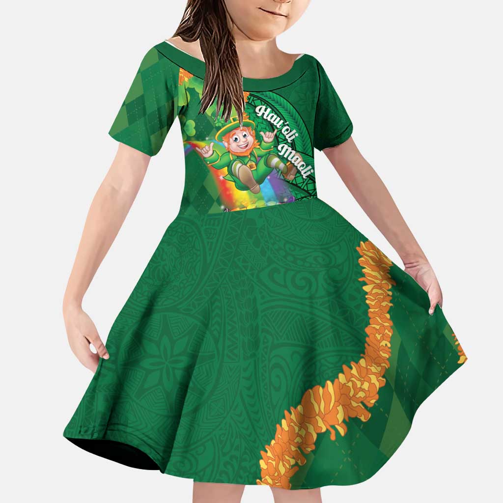 St Patrick's Day Hawaii Family Matching Off Shoulder Short Dress and Hawaiian Shirt Hauoli Maoli Funny Shaka Leprechaun