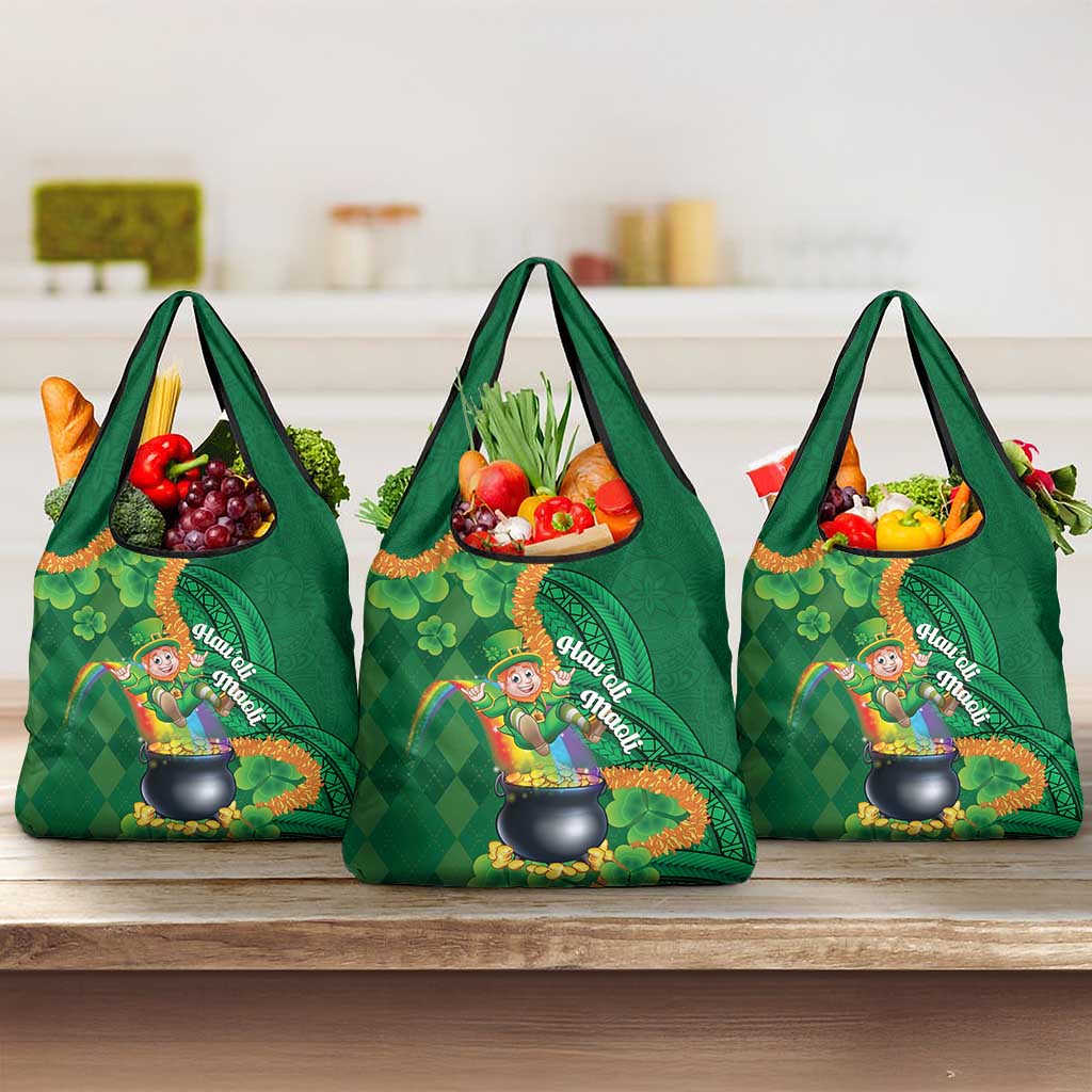 St Patrick's Day Hawaii Grocery Bag Hauoli Maoli Funny Shaka Leprechaun LT14 3-pack One Size Green - Polynesian Pride