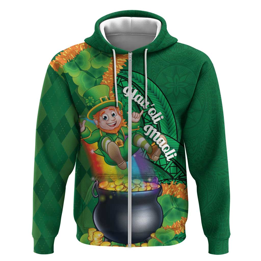 St Patrick's Day Hawaii Hoodie Hauoli Maoli Funny Shaka Leprechaun LT14 Zip Hoodie Green - Polynesian Pride