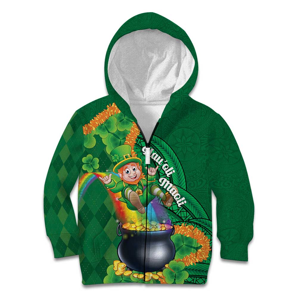 St Patrick's Day Hawaii Kid Hoodie Hauoli Maoli Funny Shaka Leprechaun LT14 Zip Hoodie Green - Polynesian Pride
