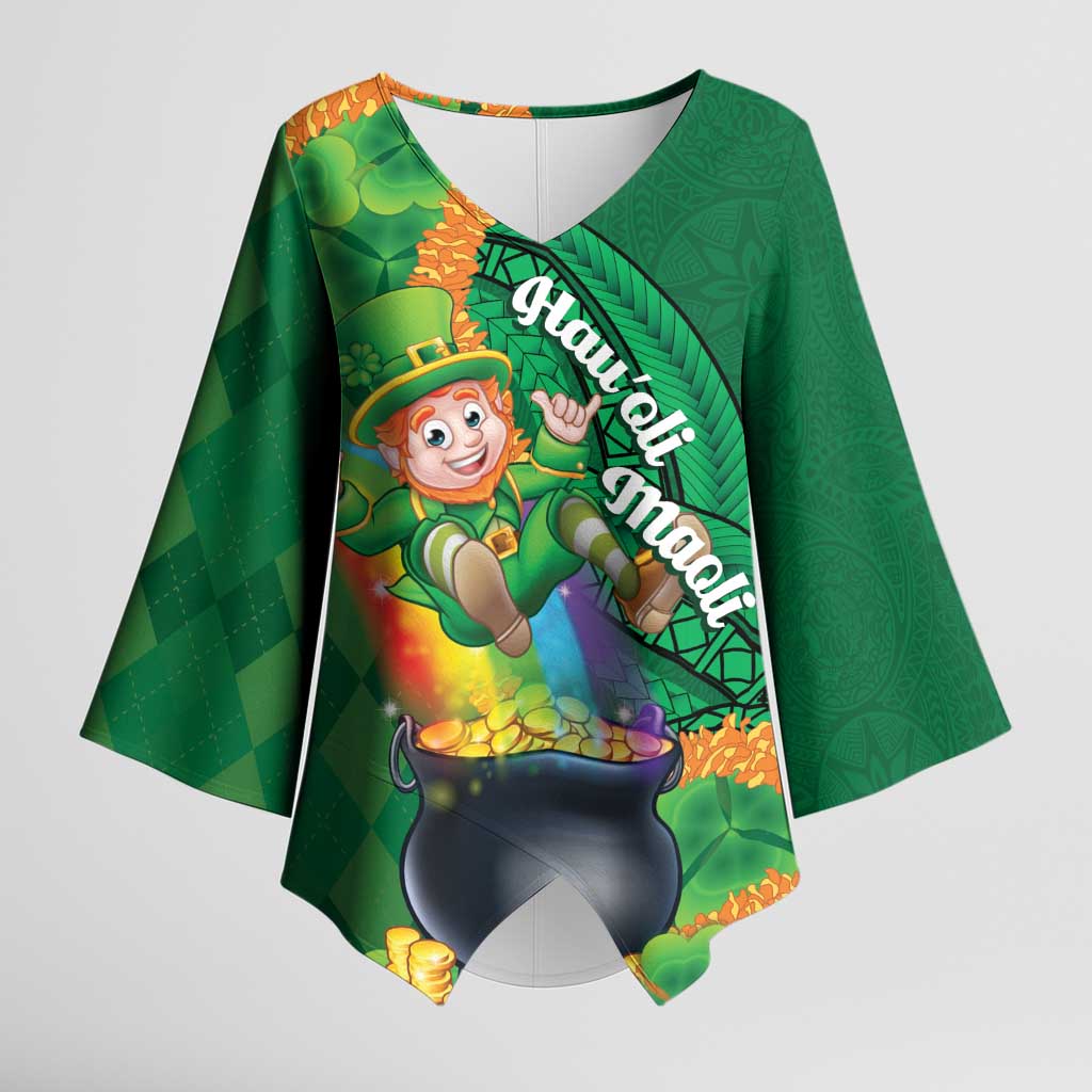 St Patrick's Day Hawaii Kimono Sleeve Blouse Hauoli Maoli Funny Shaka Leprechaun LT14 Female Green - Polynesian Pride