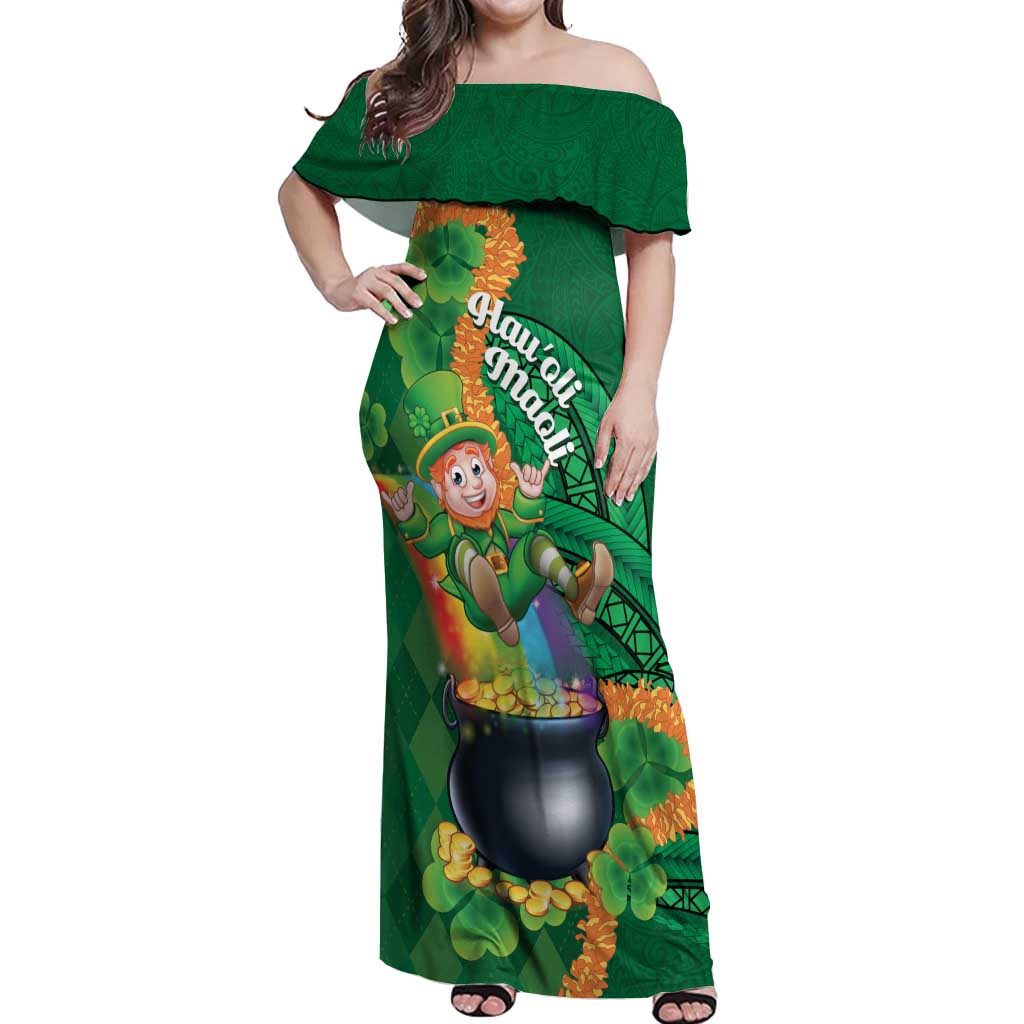 St Patrick's Day Hawaii Off Shoulder Maxi Dress Hauoli Maoli Funny Shaka Leprechaun LT14 Women Green - Polynesian Pride