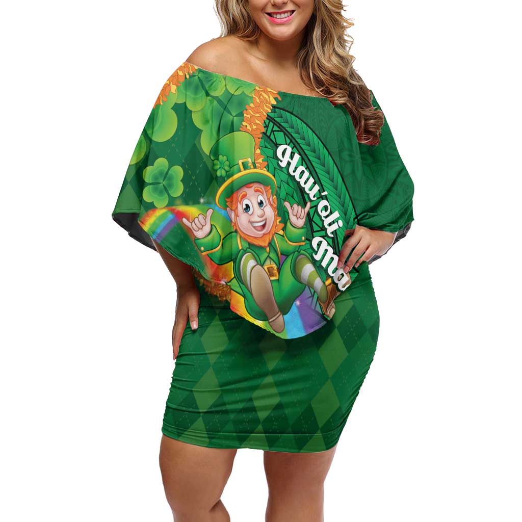 St Patrick's Day Hawaii Off Shoulder Short Dress Hauoli Maoli Funny Shaka Leprechaun LT14 Women Green - Polynesian Pride