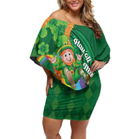 St Patrick's Day Hawaii Off Shoulder Short Dress Hauoli Maoli Funny Shaka Leprechaun LT14 Women Green - Polynesian Pride