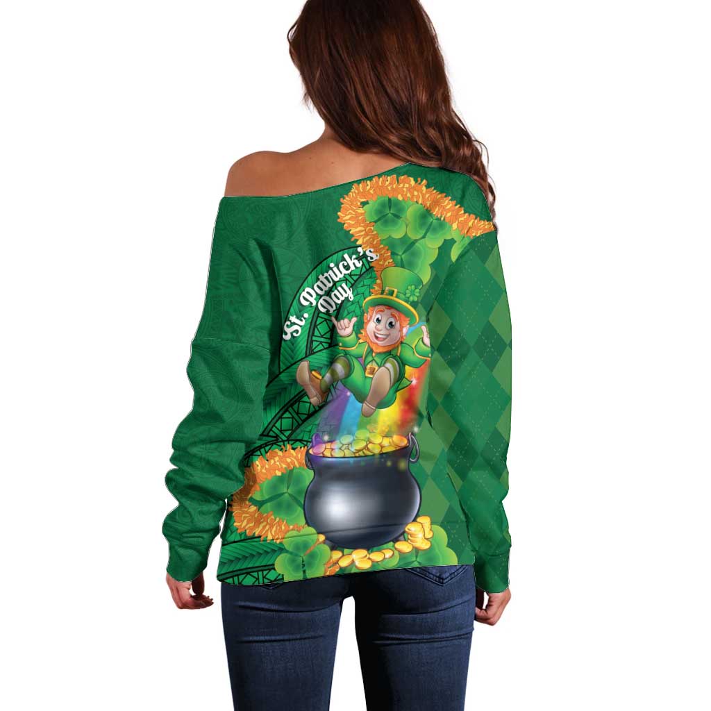 St Patrick's Day Hawaii Off Shoulder Sweater Hauoli Maoli Funny Shaka Leprechaun LT14 - Polynesian Pride