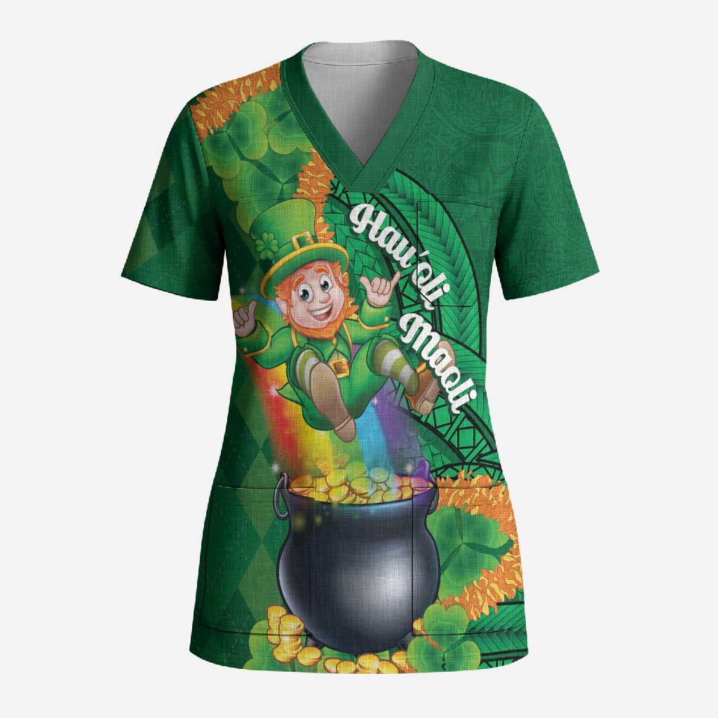 St Patrick's Day Hawaii Scrub Top Hauoli Maoli Funny Shaka Leprechaun LT14 Adult Green - Polynesian Pride
