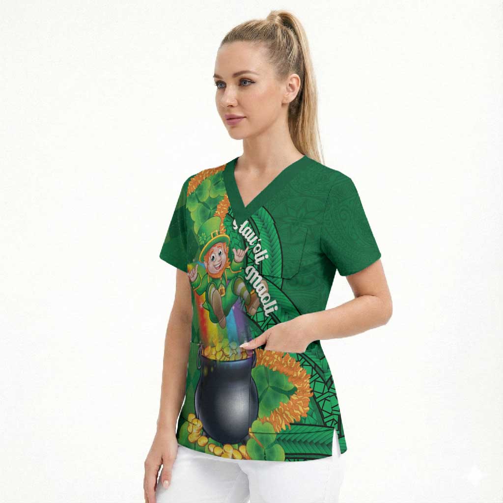 St Patrick's Day Hawaii Scrub Top Hauoli Maoli Funny Shaka Leprechaun LT14 - Polynesian Pride