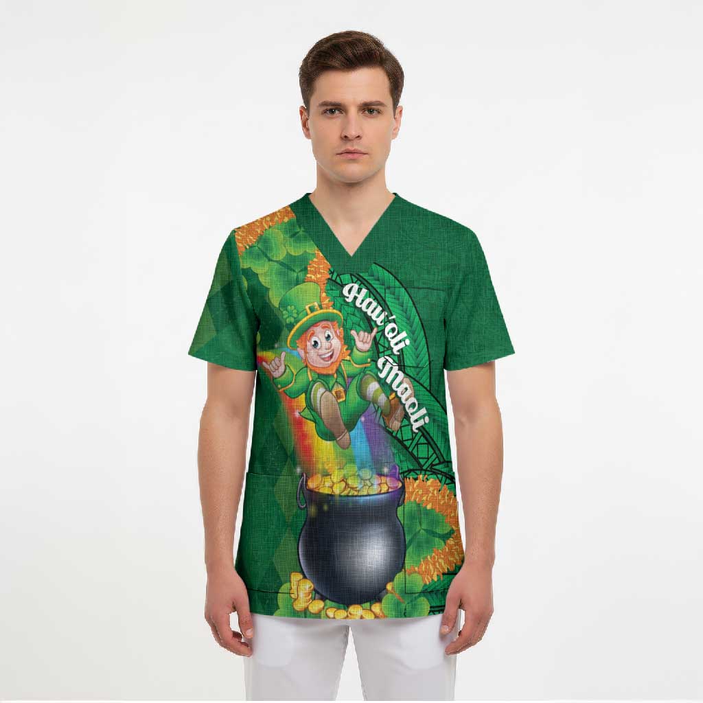 St Patrick's Day Hawaii Scrub Top Hauoli Maoli Funny Shaka Leprechaun LT14 - Polynesian Pride