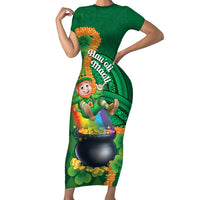 St Patrick's Day Hawaii Short Sleeve Bodycon Dress Hauoli Maoli Funny Shaka Leprechaun LT14 Long Dress Green - Polynesian Pride