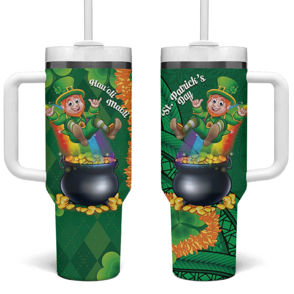 St Patrick's Day Hawaii Tumbler With Handle Hauoli Maoli Funny Shaka Leprechaun LT14 One Size: 40 oz Green - Polynesian Pride