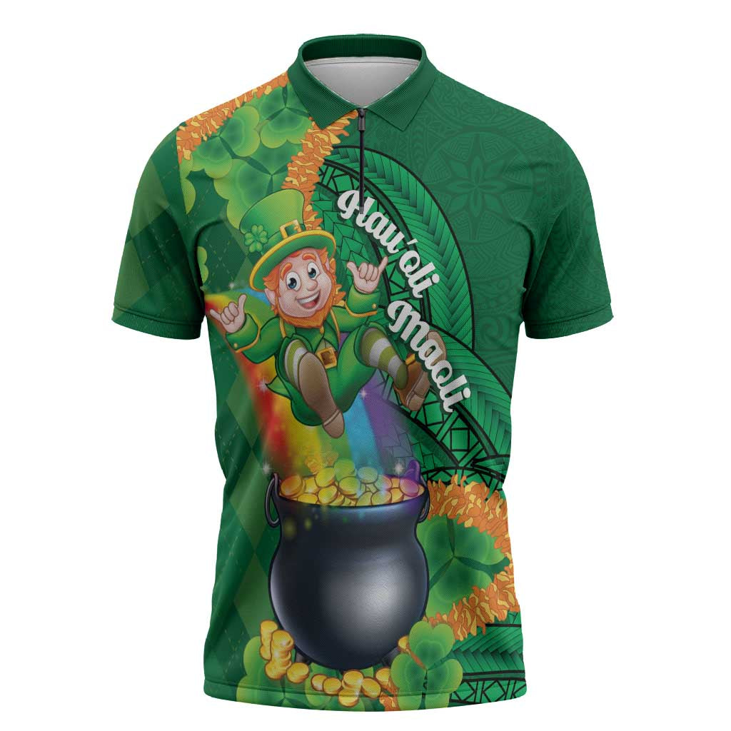 St Patrick's Day Hawaii Zipper Polo Shirt Hauoli Maoli Funny Shaka Leprechaun LT14 Green - Polynesian Pride