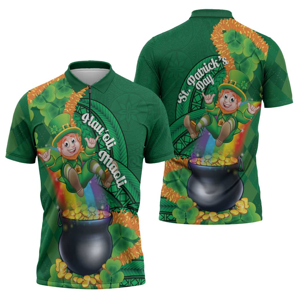 St Patrick's Day Hawaii Zipper Polo Shirt Hauoli Maoli Funny Shaka Leprechaun LT14 - Polynesian Pride