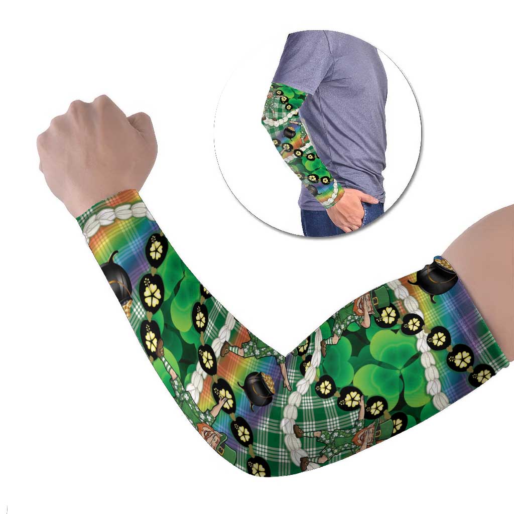 St Patrick's Day Palaka Hawaii Arm Sleeves Kukui Nut Pikake Lei Shamrock Dabbing Leprechaun LT14 Set of 2 Green - Polynesian Pride