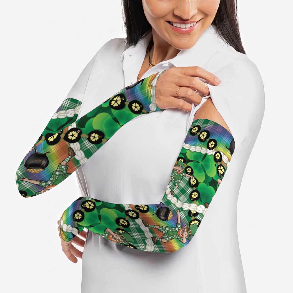 St Patrick's Day Palaka Hawaii Arm Sleeves Kukui Nut Pikake Lei Shamrock Dabbing Leprechaun LT14 - Polynesian Pride