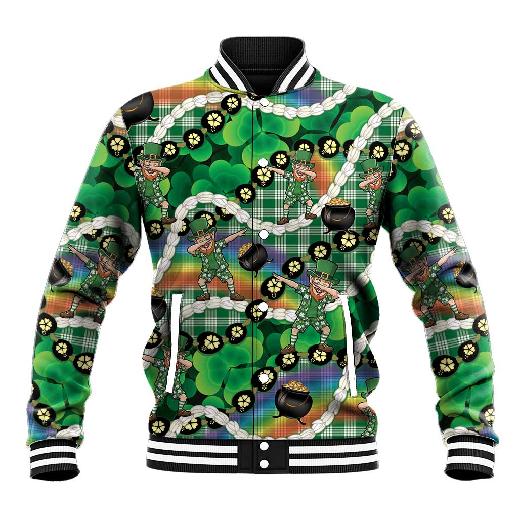 St Patrick's Day Palaka Hawaii Baseball Jacket Kukui Nut Pikake Lei Shamrock Dabbing Leprechaun LT14 Unisex Green - Polynesian Pride