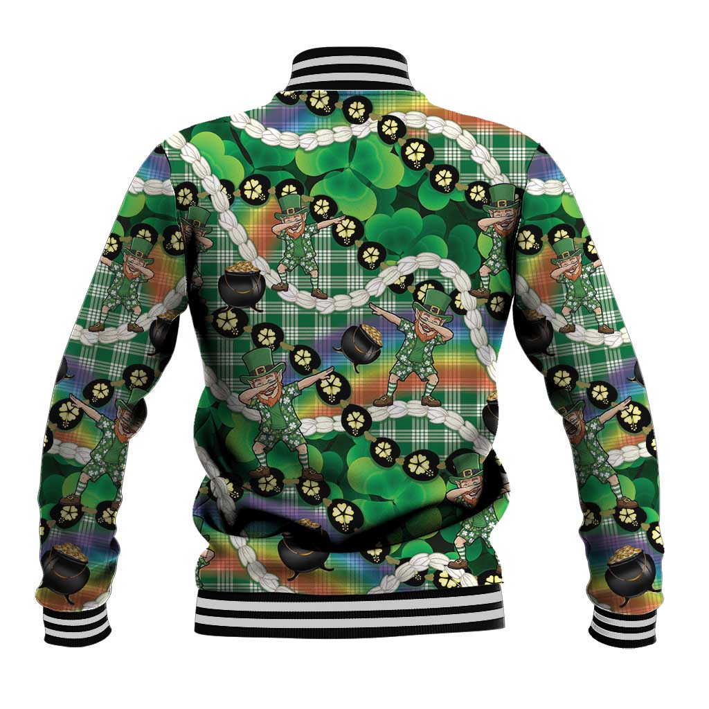 St Patrick's Day Palaka Hawaii Baseball Jacket Kukui Nut Pikake Lei Shamrock Dabbing Leprechaun LT14 - Polynesian Pride