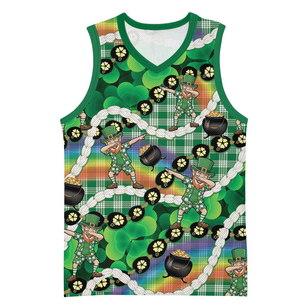 St Patrick's Day Palaka Hawaii Basketball Jersey Kukui Nut Pikake Lei Shamrock Dabbing Leprechaun LT14 Unisex Green - Polynesian Pride
