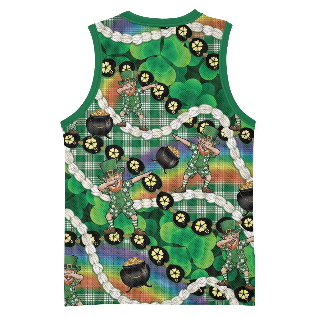 St Patrick's Day Palaka Hawaii Basketball Jersey Kukui Nut Pikake Lei Shamrock Dabbing Leprechaun LT14 - Polynesian Pride