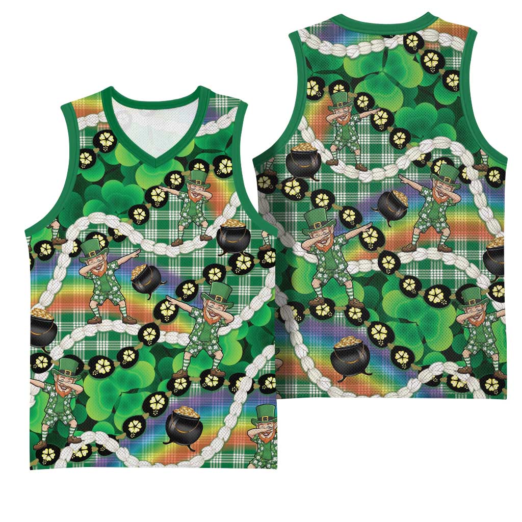 St Patrick's Day Palaka Hawaii Basketball Jersey Kukui Nut Pikake Lei Shamrock Dabbing Leprechaun LT14 - Polynesian Pride