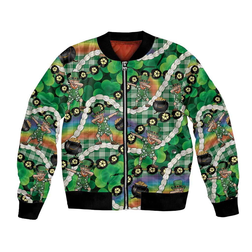 St Patrick's Day Palaka Hawaii Bomber Jacket Kukui Nut Pikake Lei Shamrock Dabbing Leprechaun LT14 Unisex Green - Polynesian Pride