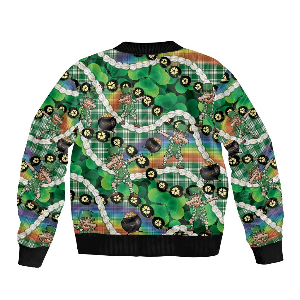 St Patrick's Day Palaka Hawaii Bomber Jacket Kukui Nut Pikake Lei Shamrock Dabbing Leprechaun LT14 - Polynesian Pride