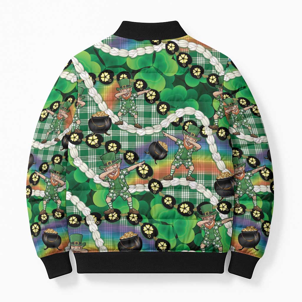 St Patrick's Day Palaka Hawaii Bomber Puffer Jacket Kukui Nut Pikake Lei Shamrock Dabbing Leprechaun LT14 - Polynesian Pride