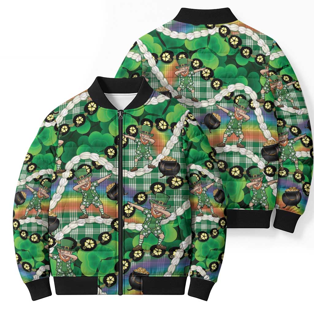 St Patrick's Day Palaka Hawaii Bomber Puffer Jacket Kukui Nut Pikake Lei Shamrock Dabbing Leprechaun LT14 - Polynesian Pride