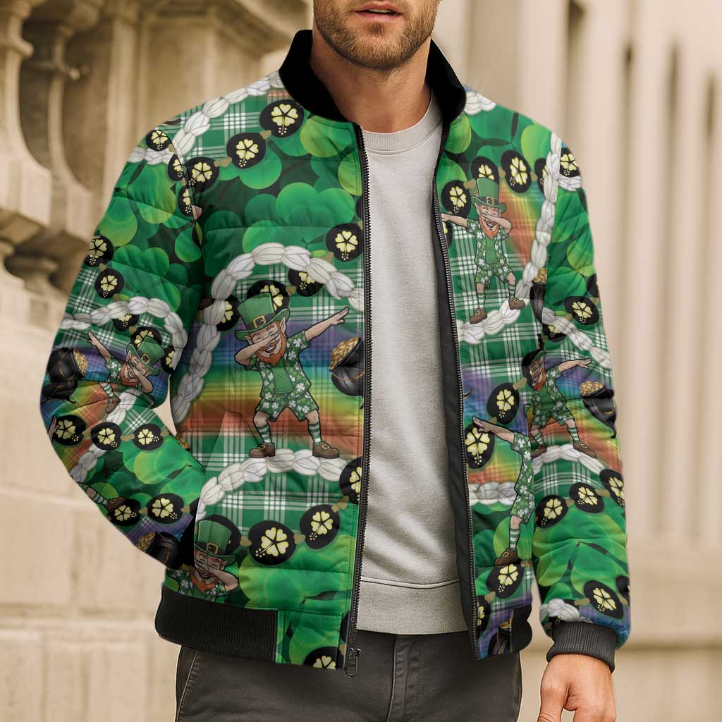 St Patrick's Day Palaka Hawaii Bomber Puffer Jacket Kukui Nut Pikake Lei Shamrock Dabbing Leprechaun LT14 - Polynesian Pride