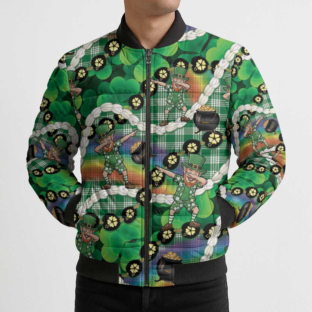 St Patrick's Day Palaka Hawaii Bomber Puffer Jacket Kukui Nut Pikake Lei Shamrock Dabbing Leprechaun LT14 - Polynesian Pride