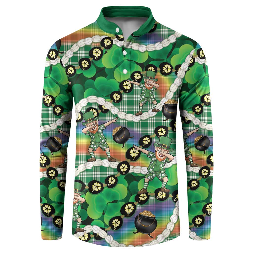 St Patrick's Day Palaka Hawaii Button Sweatshirt Kukui Nut Pikake Lei Shamrock Dabbing Leprechaun LT14 Green - Polynesian Pride