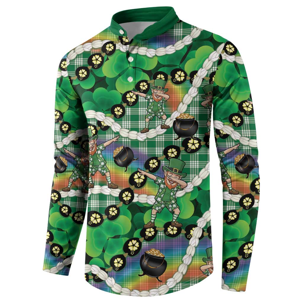 St Patrick's Day Palaka Hawaii Button Sweatshirt Kukui Nut Pikake Lei Shamrock Dabbing Leprechaun LT14 - Polynesian Pride