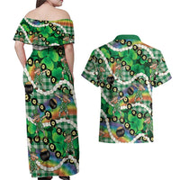 St Patrick's Day Palaka Hawaii Couples Matching Off Shoulder Maxi Dress and Hawaiian Shirt Kukui Nut Pikake Lei Shamrock Dabbing Leprechaun