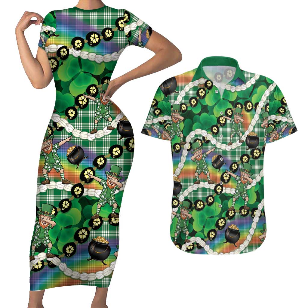 St Patrick's Day Palaka Hawaii Couples Matching Short Sleeve Bodycon Dress and Hawaiian Shirt Kukui Nut Pikake Lei Shamrock Dabbing Leprechaun