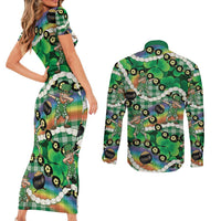 St Patrick's Day Palaka Hawaii Couples Matching Short Sleeve Bodycon Dress and Long Sleeve Button Shirt Kukui Nut Pikake Lei Shamrock Dabbing Leprechaun