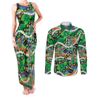 St Patrick's Day Palaka Hawaii Couples Matching Tank Maxi Dress and Long Sleeve Button Shirt Kukui Nut Pikake Lei Shamrock Dabbing Leprechaun