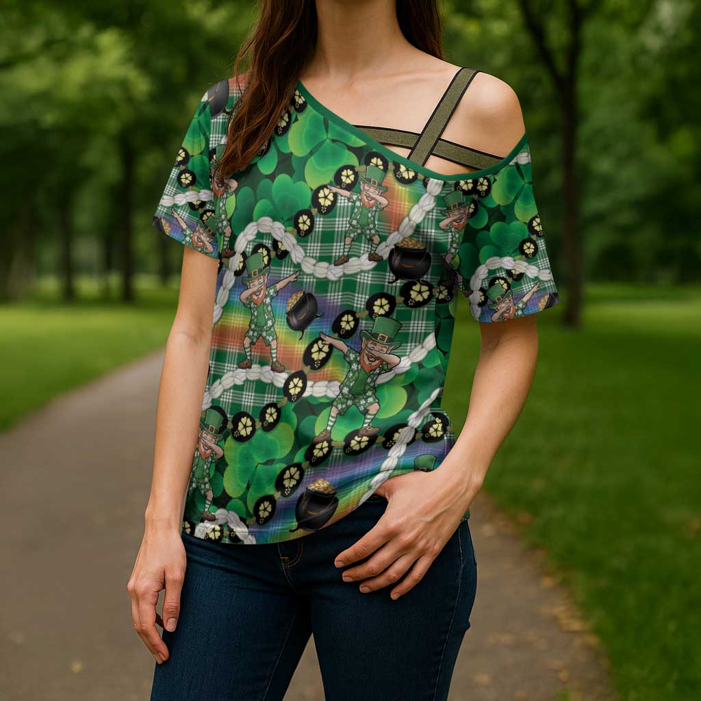 St Patrick's Day Palaka Hawaii Cross Shoulder Shirt Kukui Nut Pikake Lei Shamrock Dabbing Leprechaun