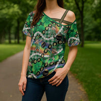 St Patrick's Day Palaka Hawaii Cross Shoulder Shirt Kukui Nut Pikake Lei Shamrock Dabbing Leprechaun