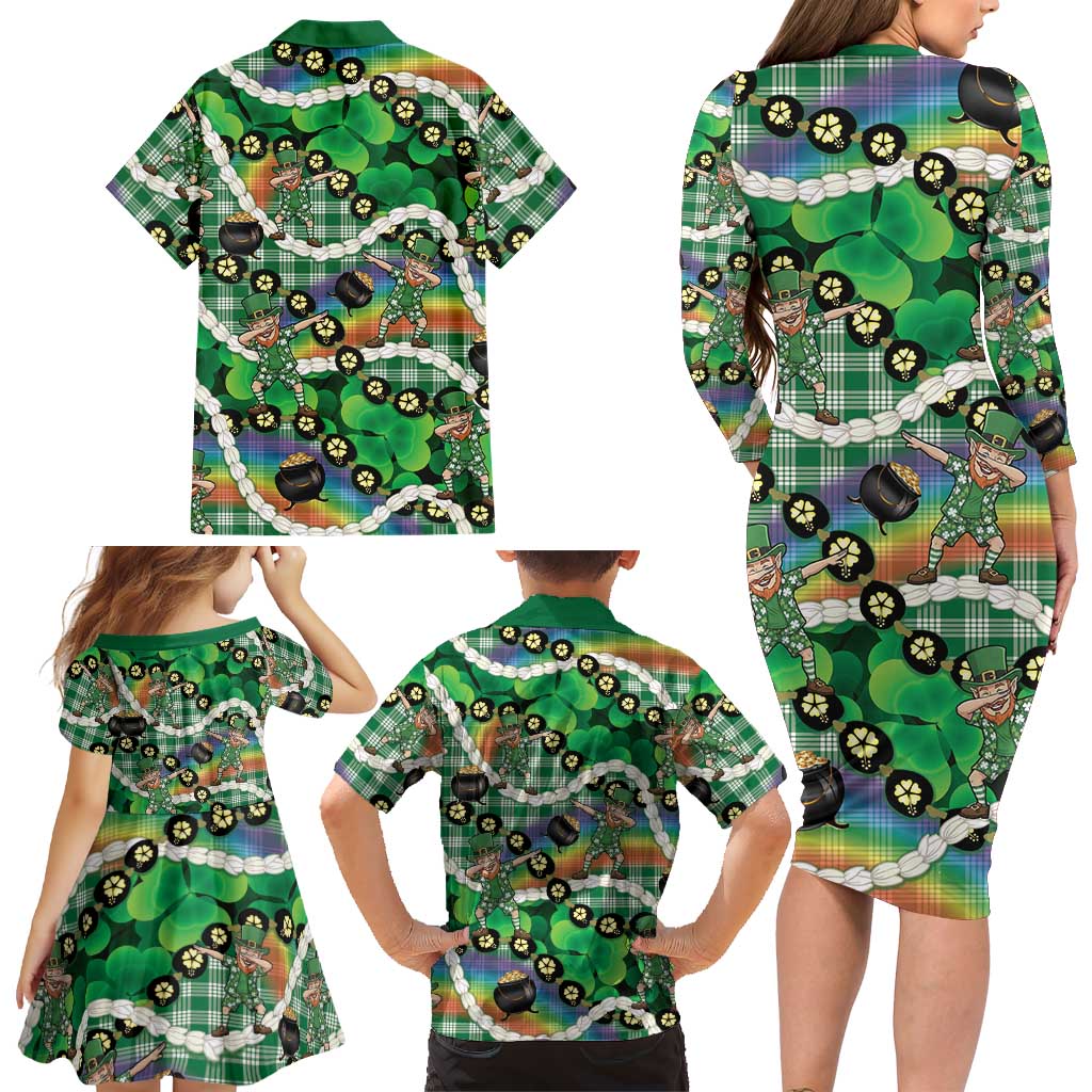 St Patrick's Day Palaka Hawaii Family Matching Long Sleeve Bodycon Dress and Hawaiian Shirt Kukui Nut Pikake Lei Shamrock Dabbing Leprechaun