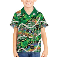 St Patrick's Day Palaka Hawaii Family Matching Off The Shoulder Long Sleeve Dress and Hawaiian Shirt Kukui Nut Pikake Lei Shamrock Dabbing Leprechaun