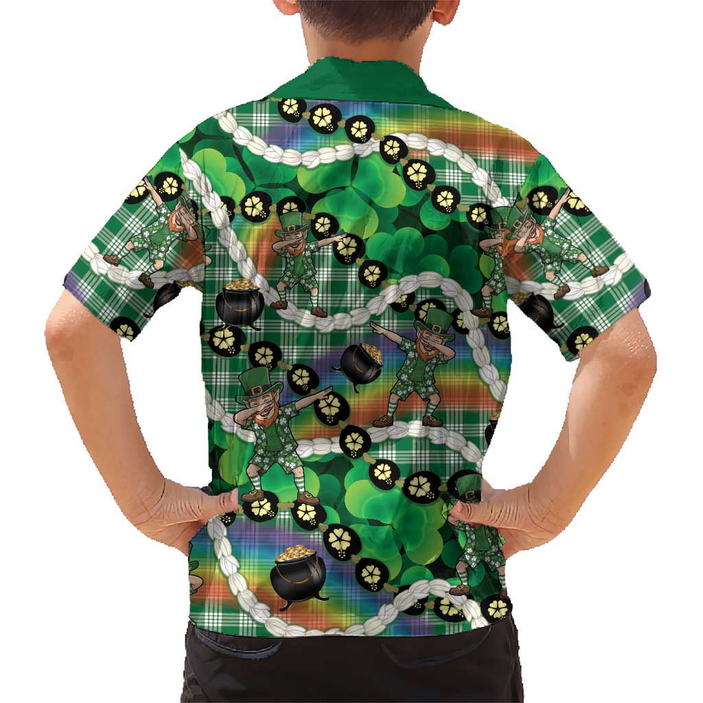 St Patrick's Day Palaka Hawaii Family Matching Off Shoulder Short Dress and Hawaiian Shirt Kukui Nut Pikake Lei Shamrock Dabbing Leprechaun