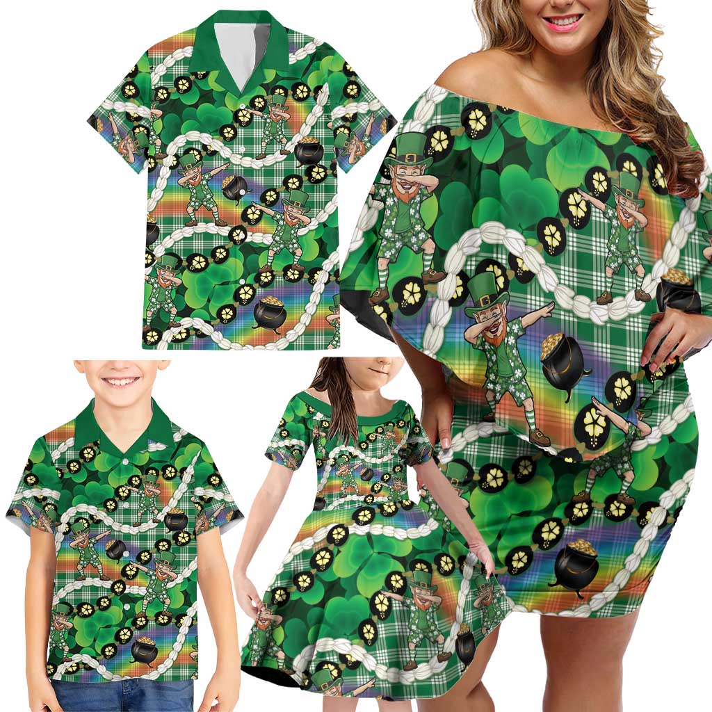 St Patrick's Day Palaka Hawaii Family Matching Off Shoulder Short Dress and Hawaiian Shirt Kukui Nut Pikake Lei Shamrock Dabbing Leprechaun LT14 - Polynesian Pride