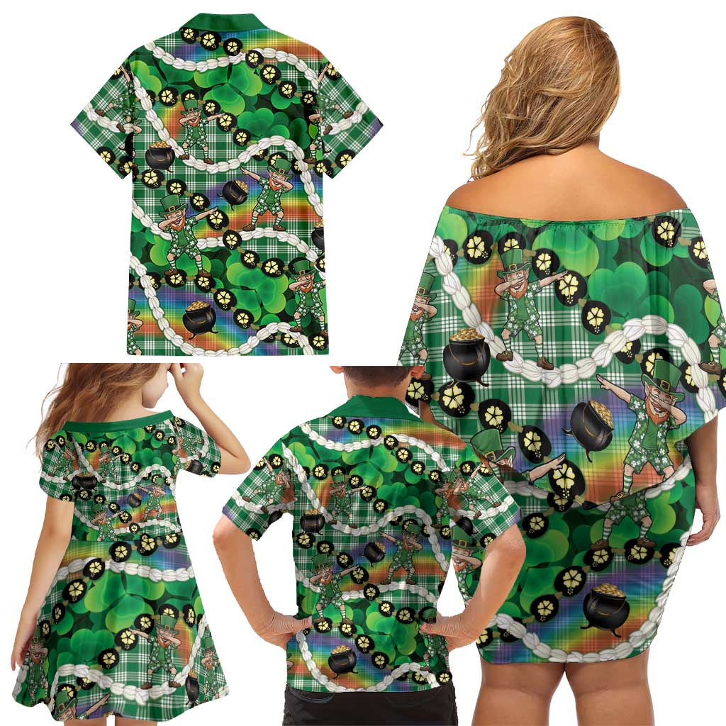 St Patrick's Day Palaka Hawaii Family Matching Off Shoulder Short Dress and Hawaiian Shirt Kukui Nut Pikake Lei Shamrock Dabbing Leprechaun