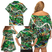 St Patrick's Day Palaka Hawaii Family Matching Off Shoulder Short Dress and Hawaiian Shirt Kukui Nut Pikake Lei Shamrock Dabbing Leprechaun