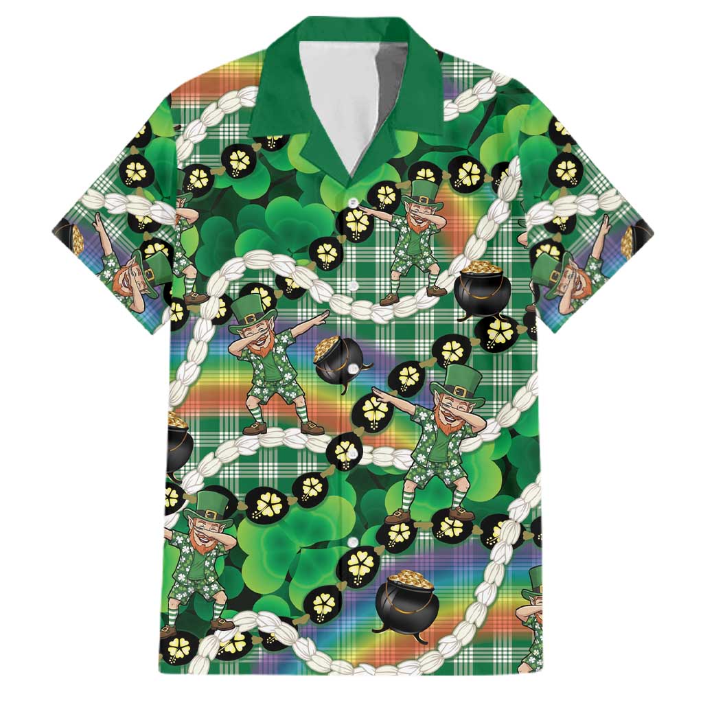St Patrick's Day Palaka Hawaii Family Matching Off Shoulder Short Dress and Hawaiian Shirt Kukui Nut Pikake Lei Shamrock Dabbing Leprechaun